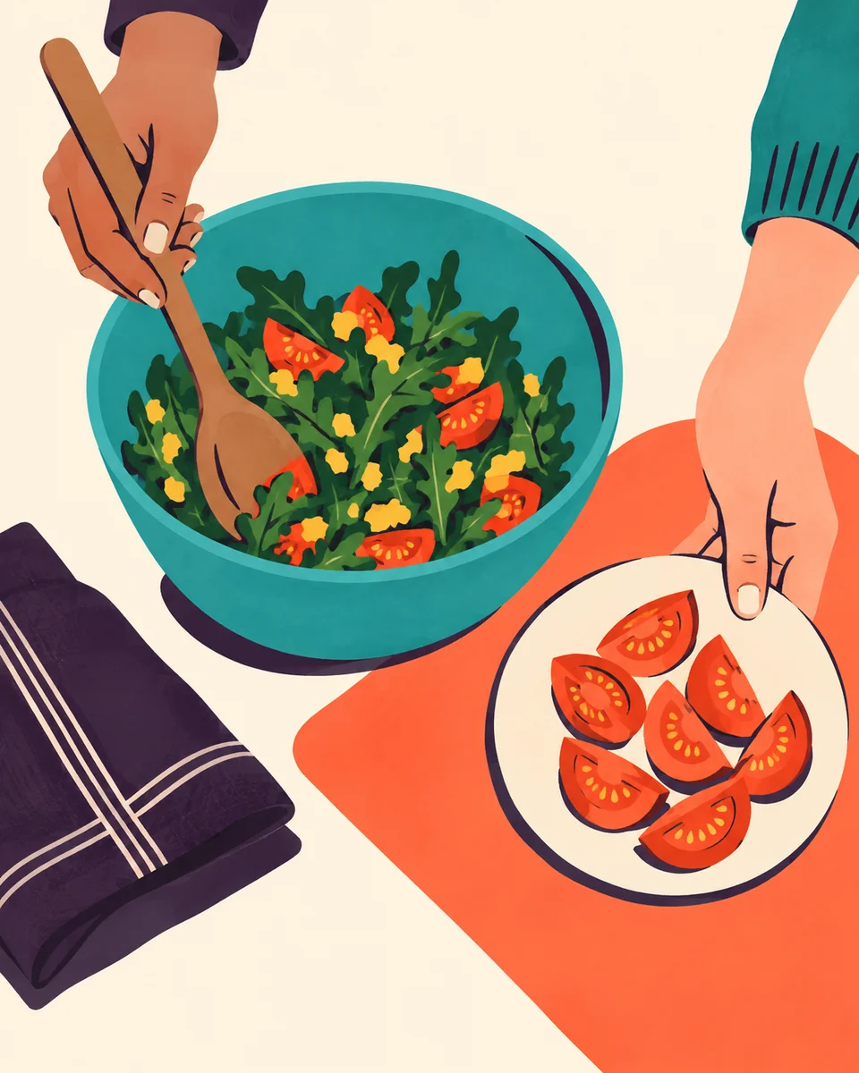 Illustration of two people preparing a salad together, stirring a bowl and adding sliced tomatoes