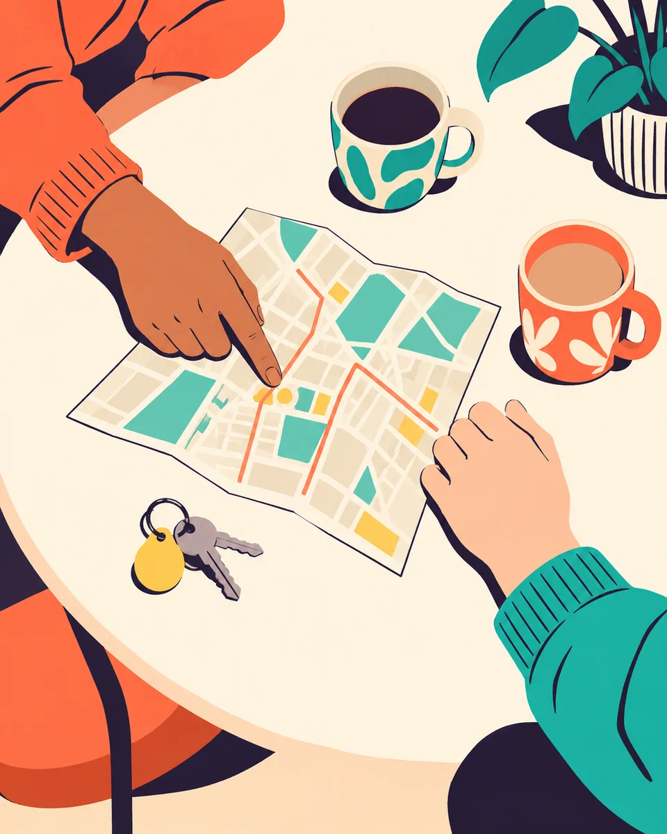 Illustration of two people planning an outing over a street map, with cups and keys on the table