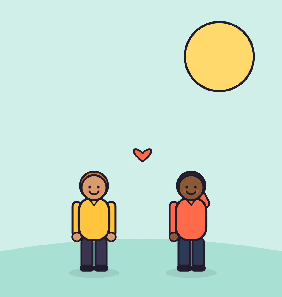 Illustration of two friends chatting warmly in the sun